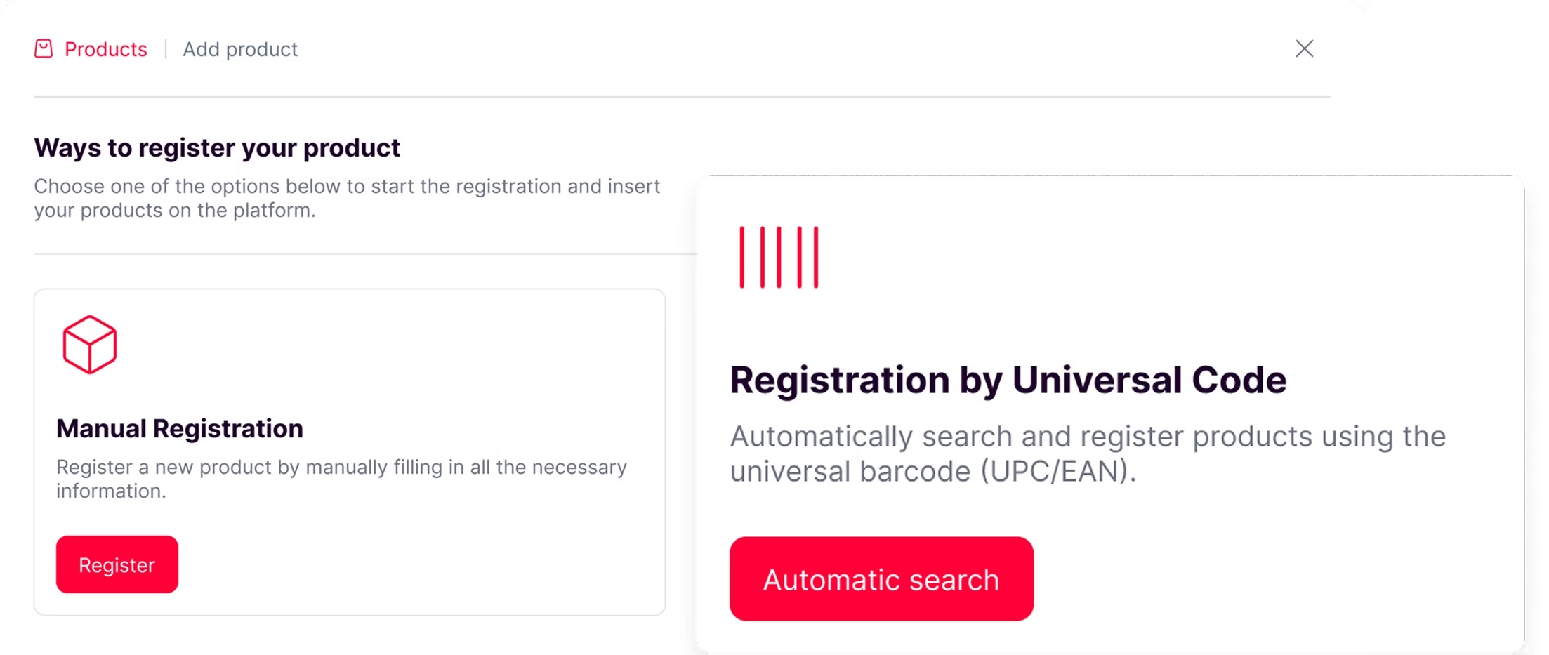 Tela de cadastro de produto da Neexor com busca automática por código universal
