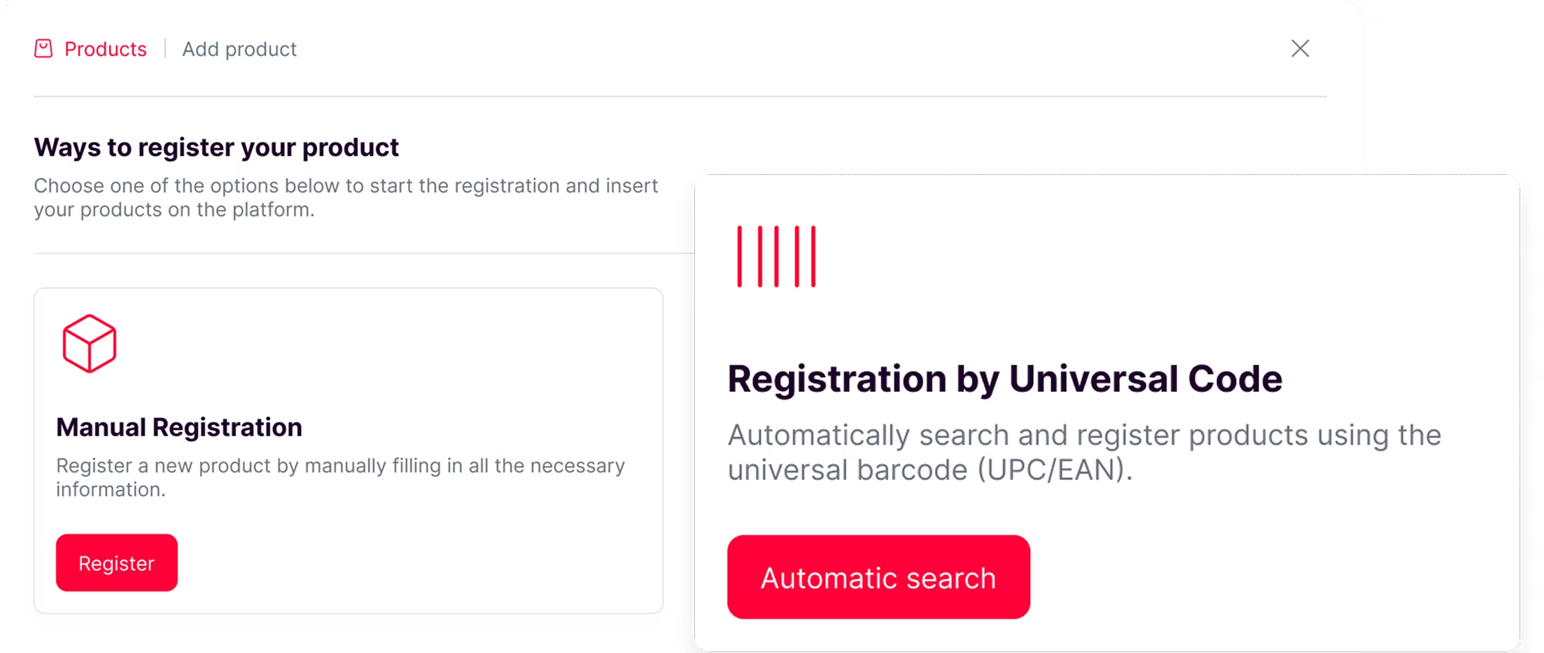 Tela de cadastro de produto da Neexor com busca automática por código universal
