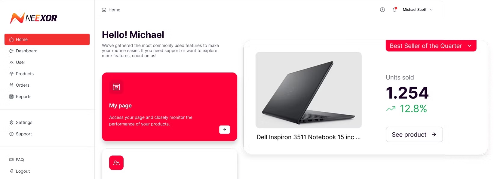 Dashboard da Neexor com pedidos, unidades vendidas e desempenho de produtos